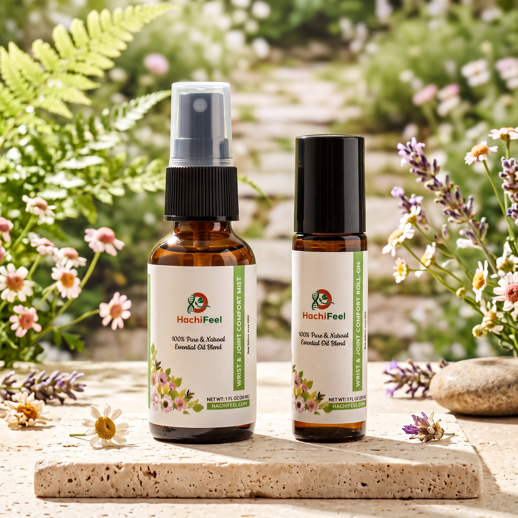 HachiFeel spray and roller in a garden setting with wildflowers