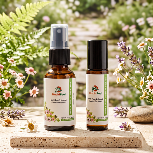 HachiFeel spray and roller in a garden setting with wildflowers