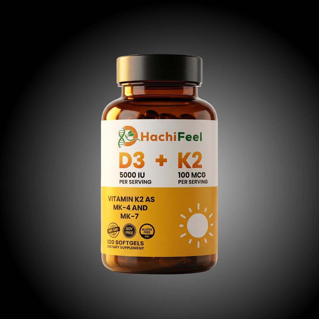HachiFeel Vitamin D3 5000 IU + K2 (MK-4 & MK-7) 100 mcg – Bone & Immune Support | 120 Softgels