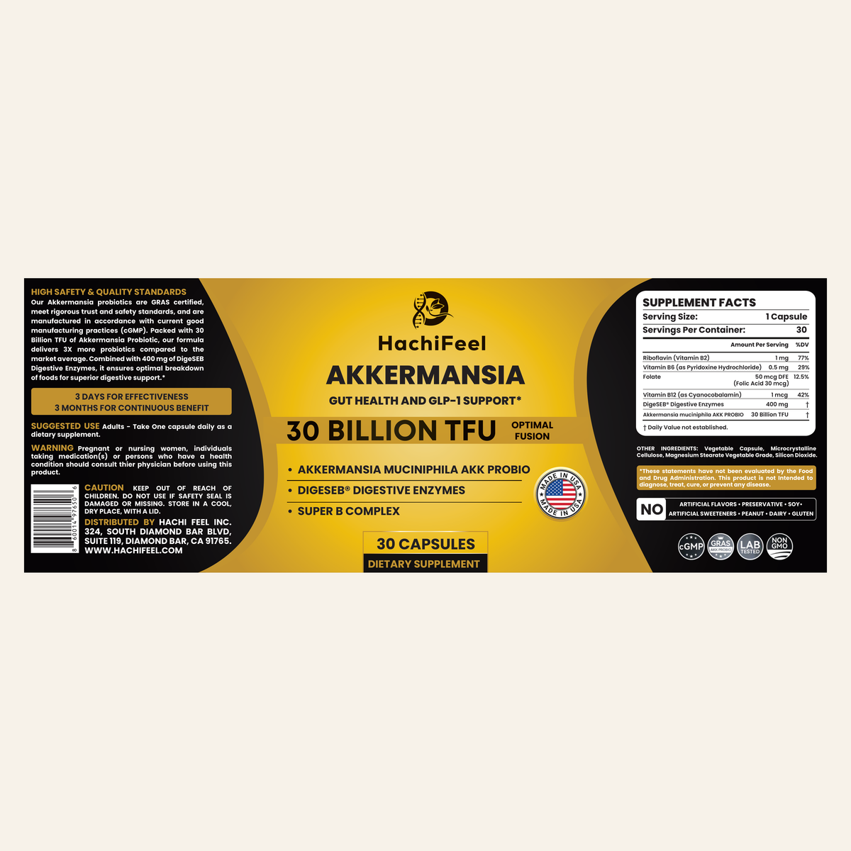HachiFeel Akkermansia — full product label with supplement facts