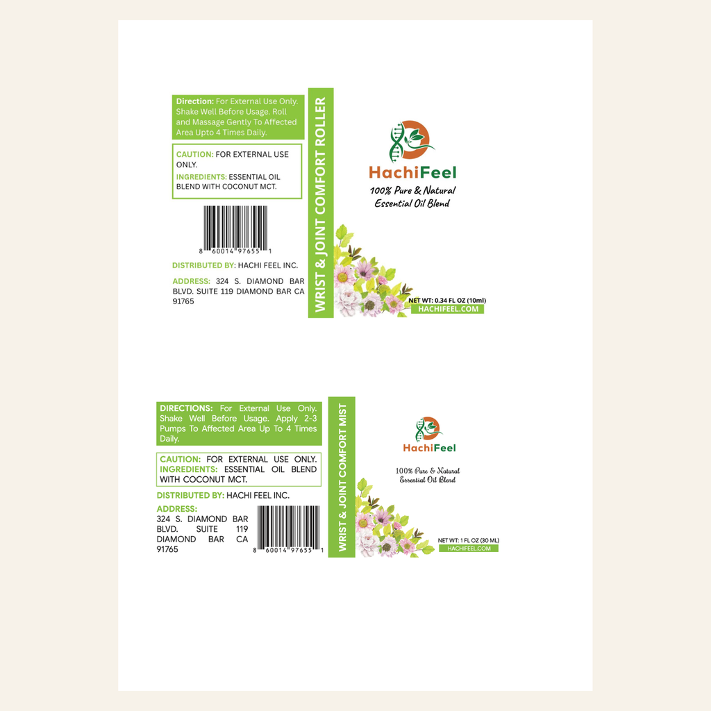 HachiFeel Wrist & Joint Comfort Essential Oil — full product label