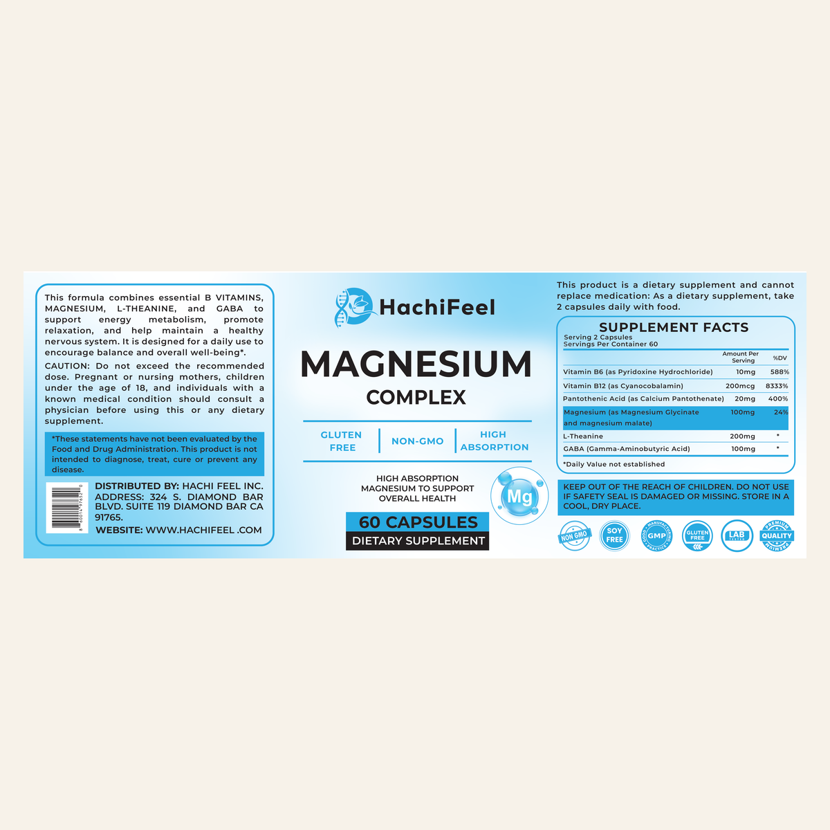 HachiFeel Magnesium Complex — full product label with supplement facts