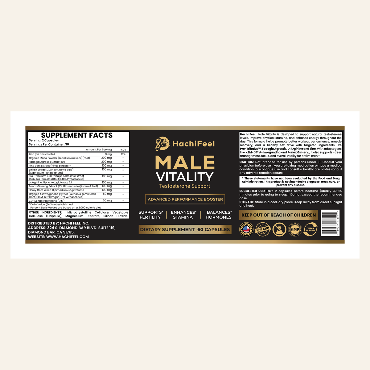 HachiFeel Male Vitality — full product label with supplement facts