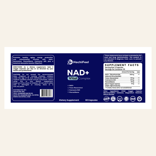 HachiFeel NAD+ Vital Complex — full product label with supplement facts