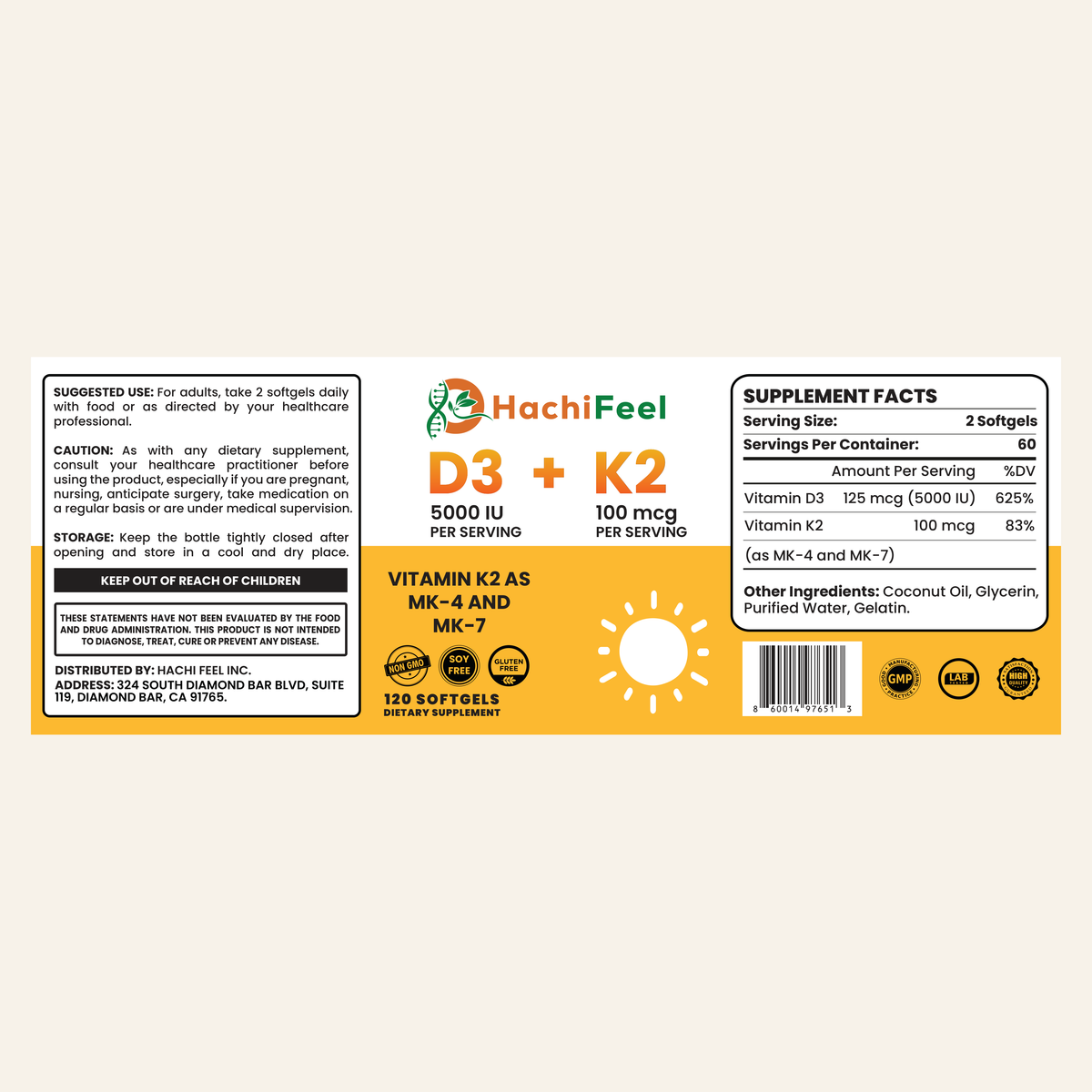HachiFeel Vitamin D3 + K2 — full product label with supplement facts