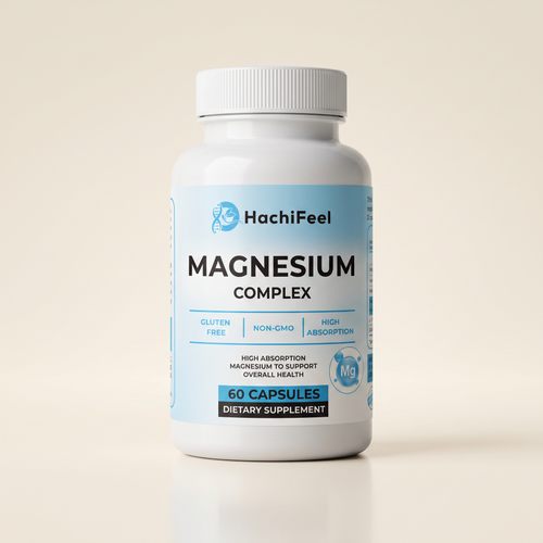 HachiFeel Magnesium Complex bottle — 60 capsules, studio shot on cream background