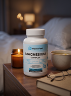 Magnesium Complex on a bedside table with candle and chamomile tea