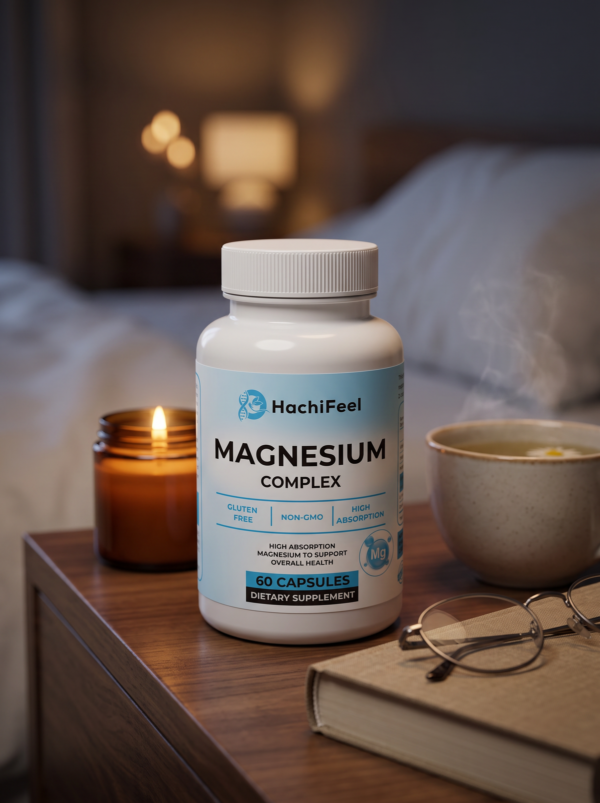 Magnesium Complex on a bedside table with candle and chamomile tea