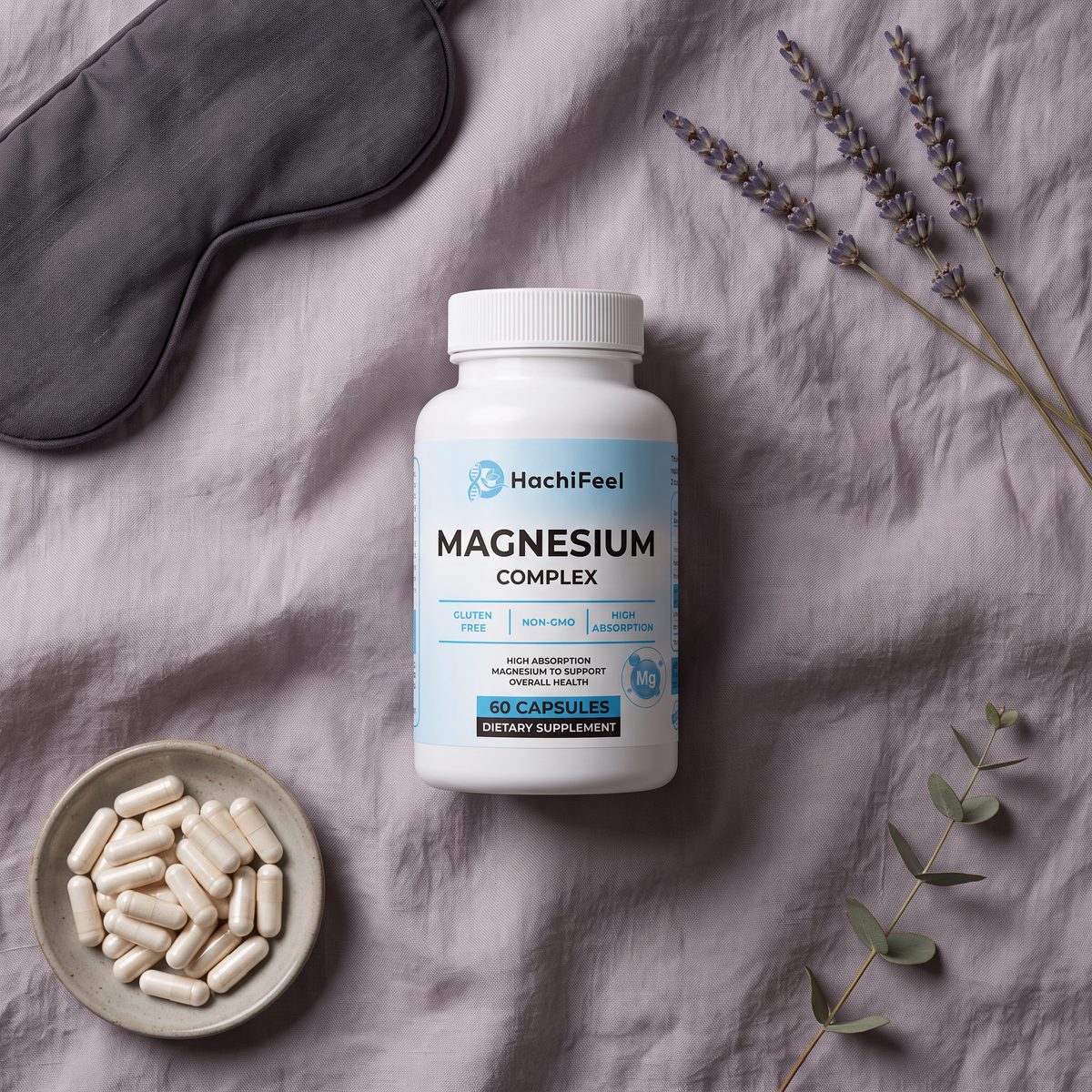 Magnesium Complex flat lay with lavender, sleep mask, and capsules