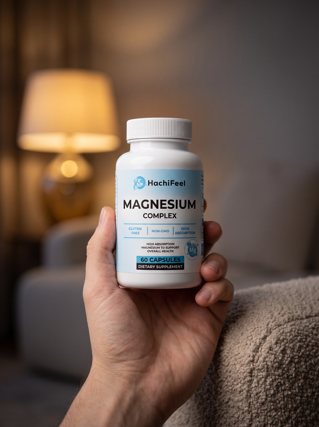 Hand holding the HachiFeel Magnesium Complex bottle in a cozy living room