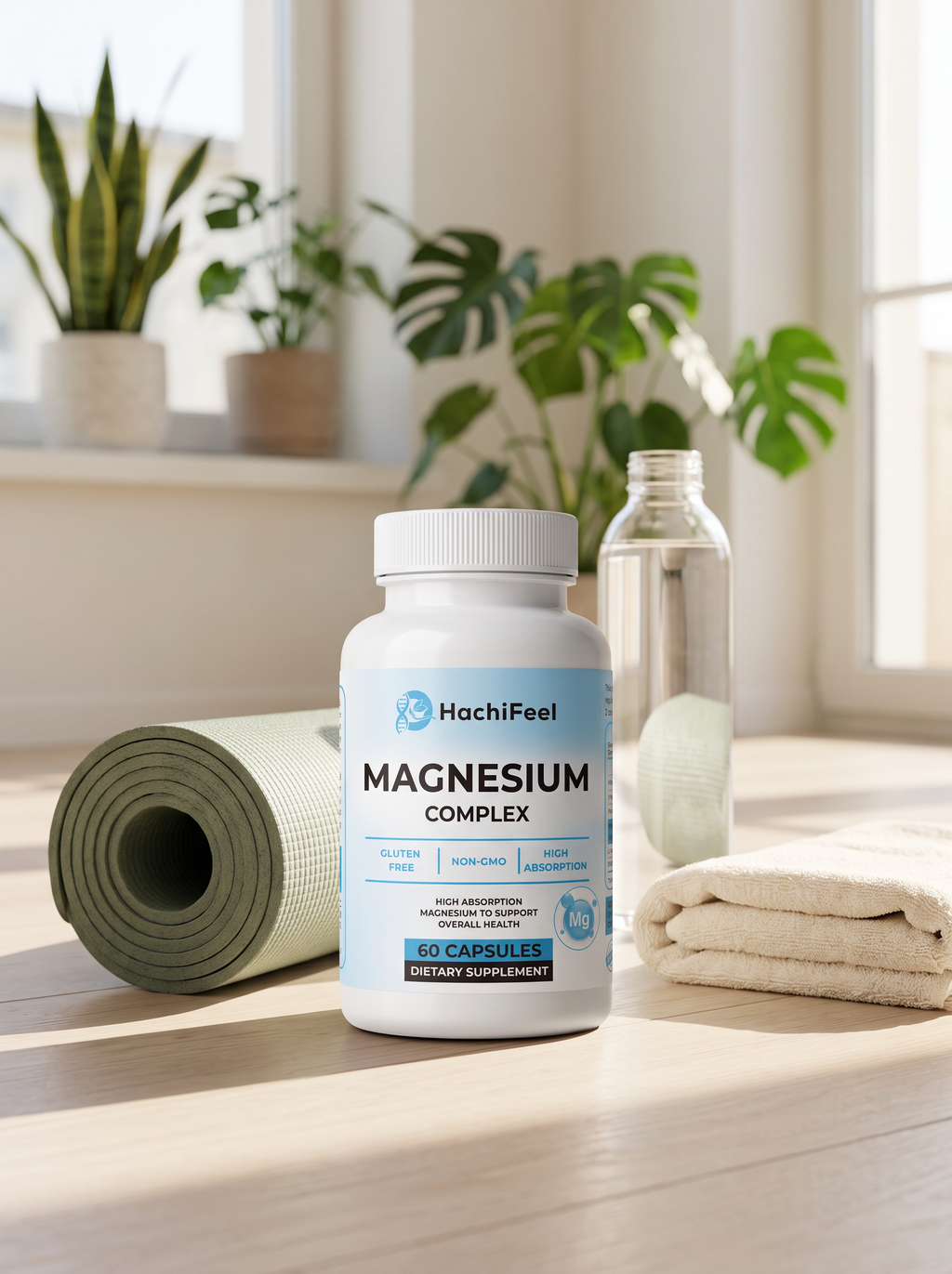 Magnesium Complex beside a rolled yoga mat, towel, and water bottle