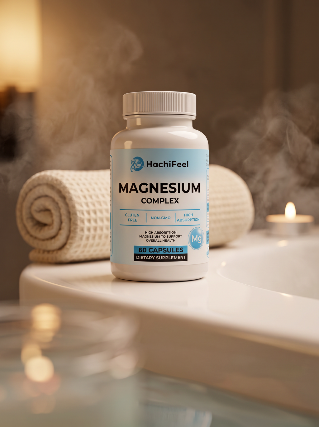Magnesium Complex on a bathtub edge with rolled towel and candle