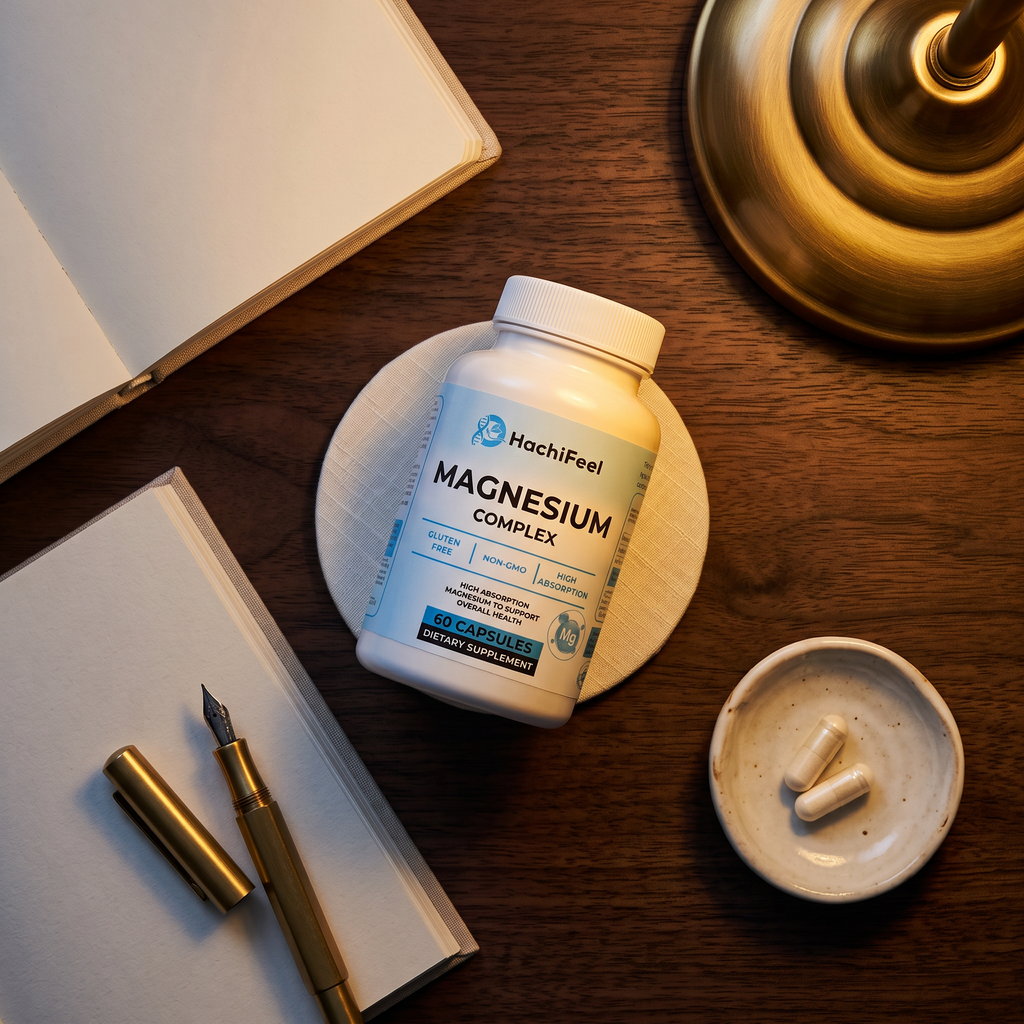 Magnesium Complex top-down on a nightstand with journal, pen, and capsules