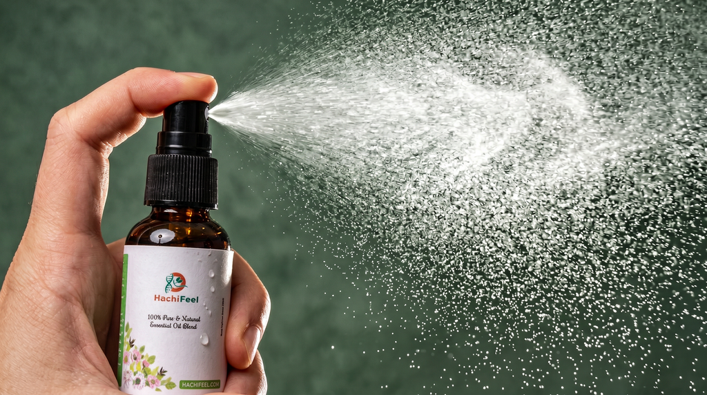HachiFeel essential oil mist spraying — fine mist close-up