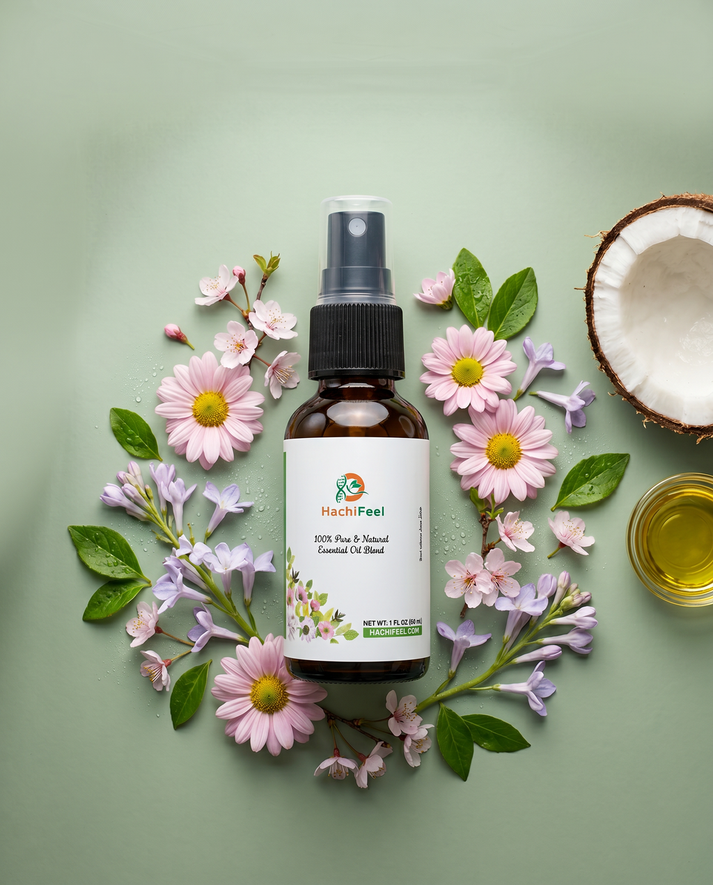 HachiFeel essential oil spray with flowers, coconut, and carrier oil