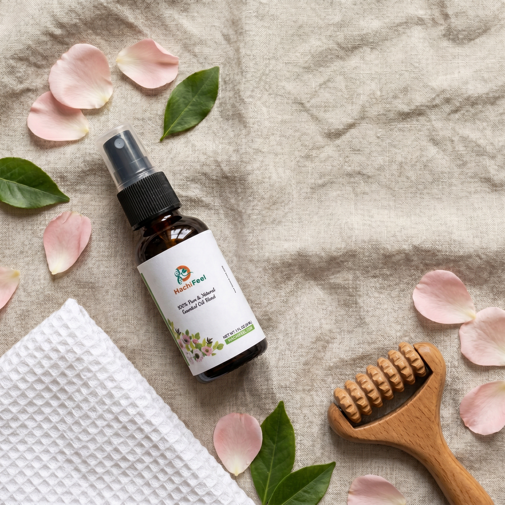 HachiFeel essential oil spray flat lay with massage roller and petals