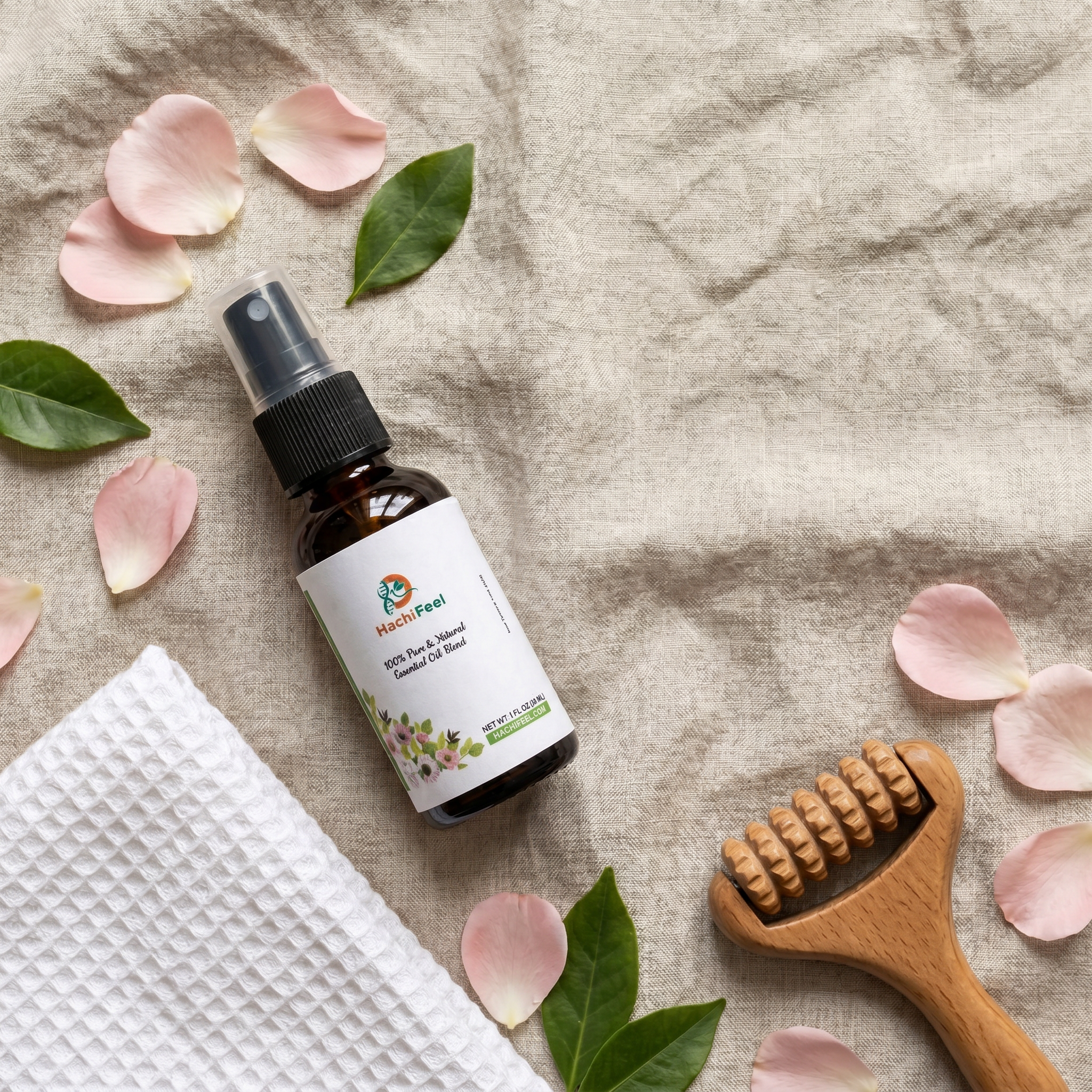 HachiFeel essential oil spray flat lay with massage roller and petals