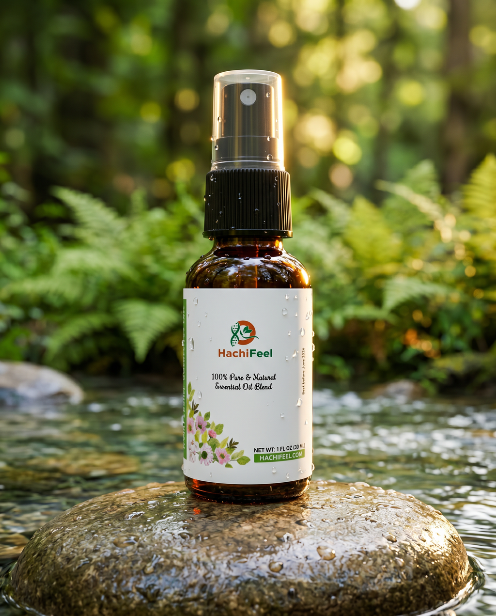 HachiFeel essential oil spray on a stone in a forest stream