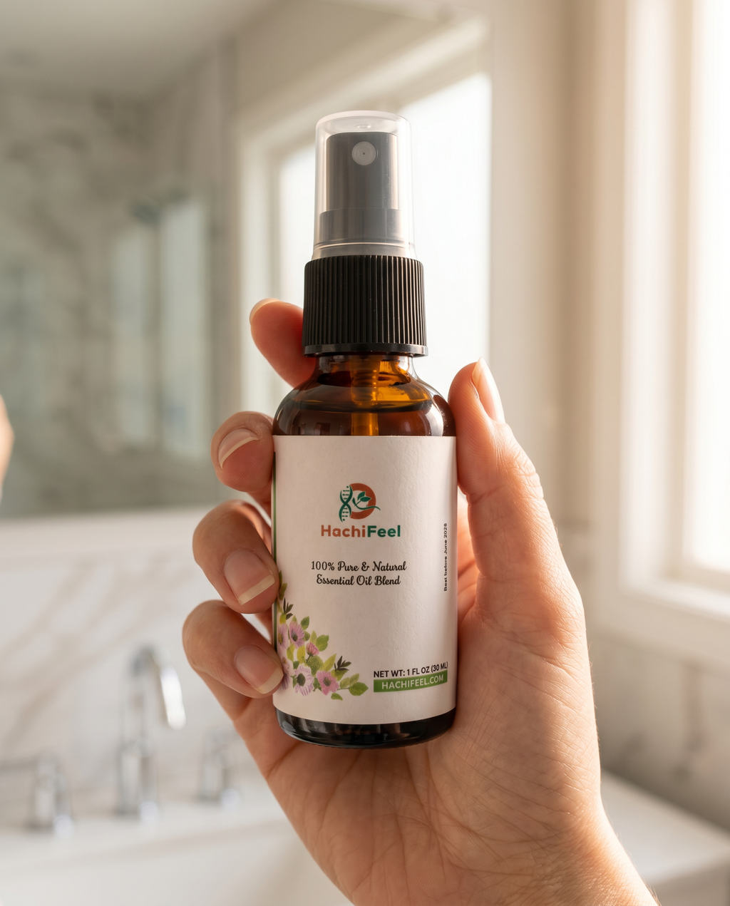 Hand holding the HachiFeel essential oil spray bottle