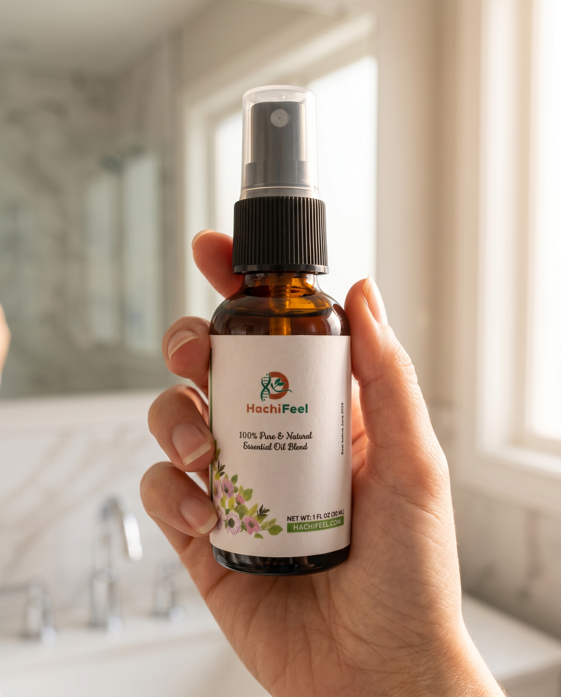 Hand holding the HachiFeel essential oil spray bottle