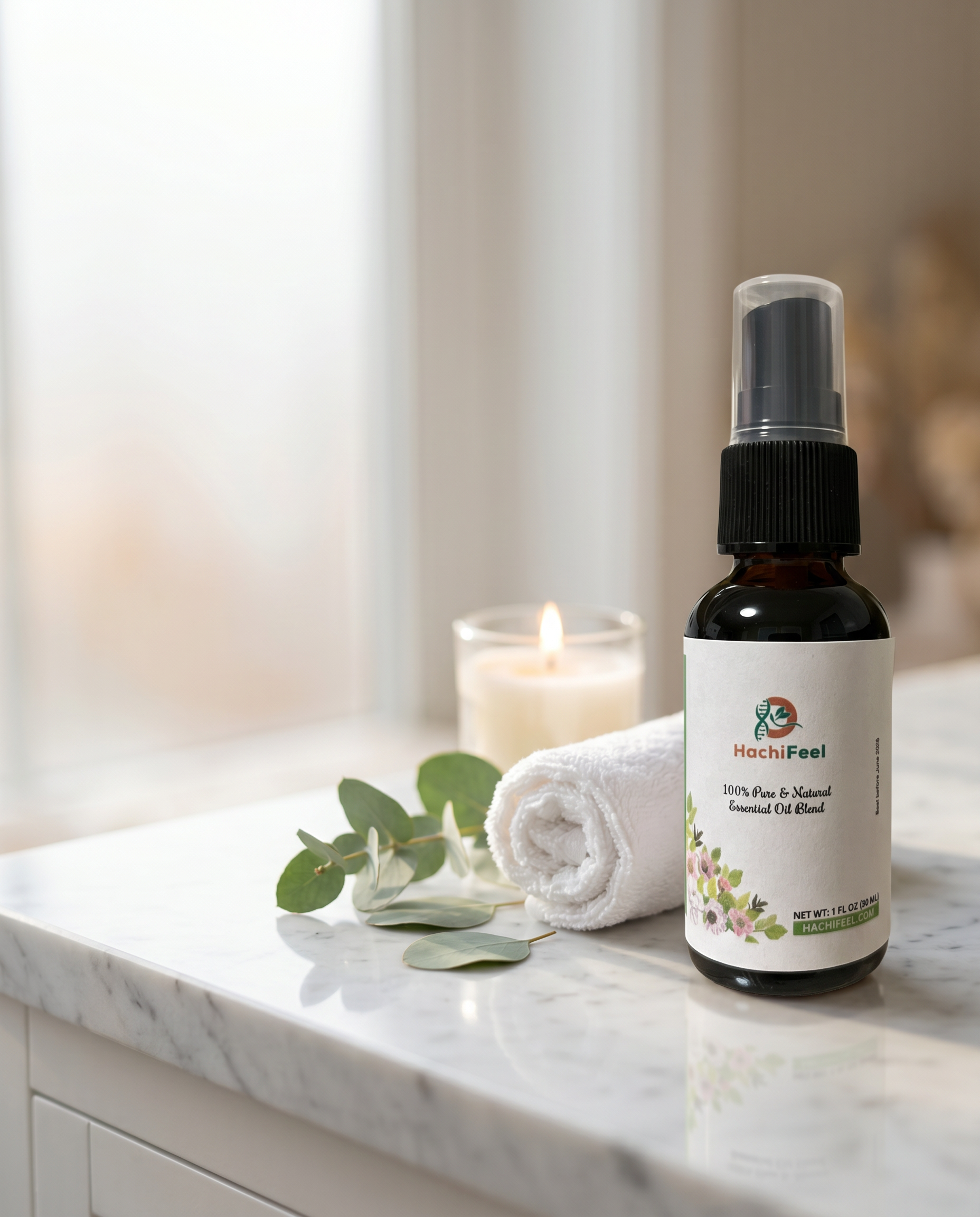 HachiFeel essential oil spray on a marble bathroom counter