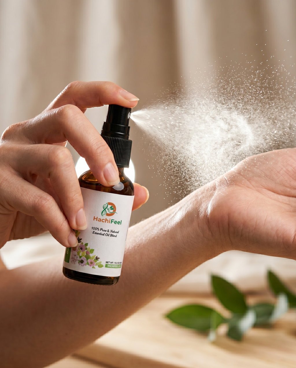 Spraying HachiFeel comfort mist onto a wrist