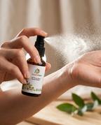 Spraying HachiFeel comfort mist onto a wrist